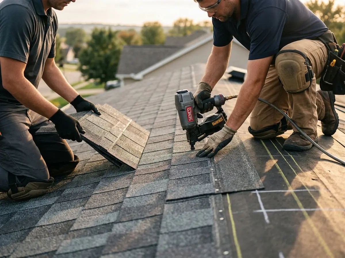 Professional roofer working on a residential roof in Timberlake